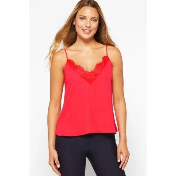 Socialite Tops - Socialite Lace Trim Red V-Neck Cami Tank Top XS